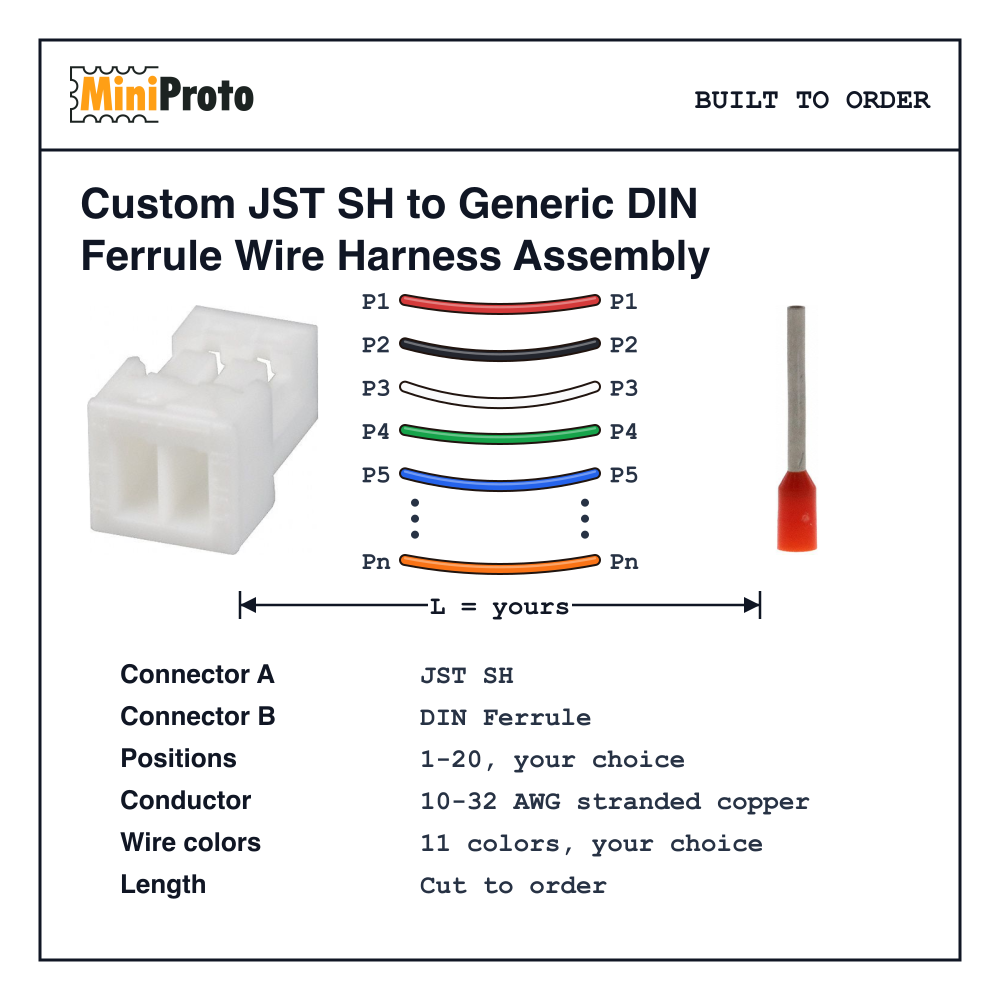 Custom JST SH to Generic DIN Ferrule Wire Harness Assembly