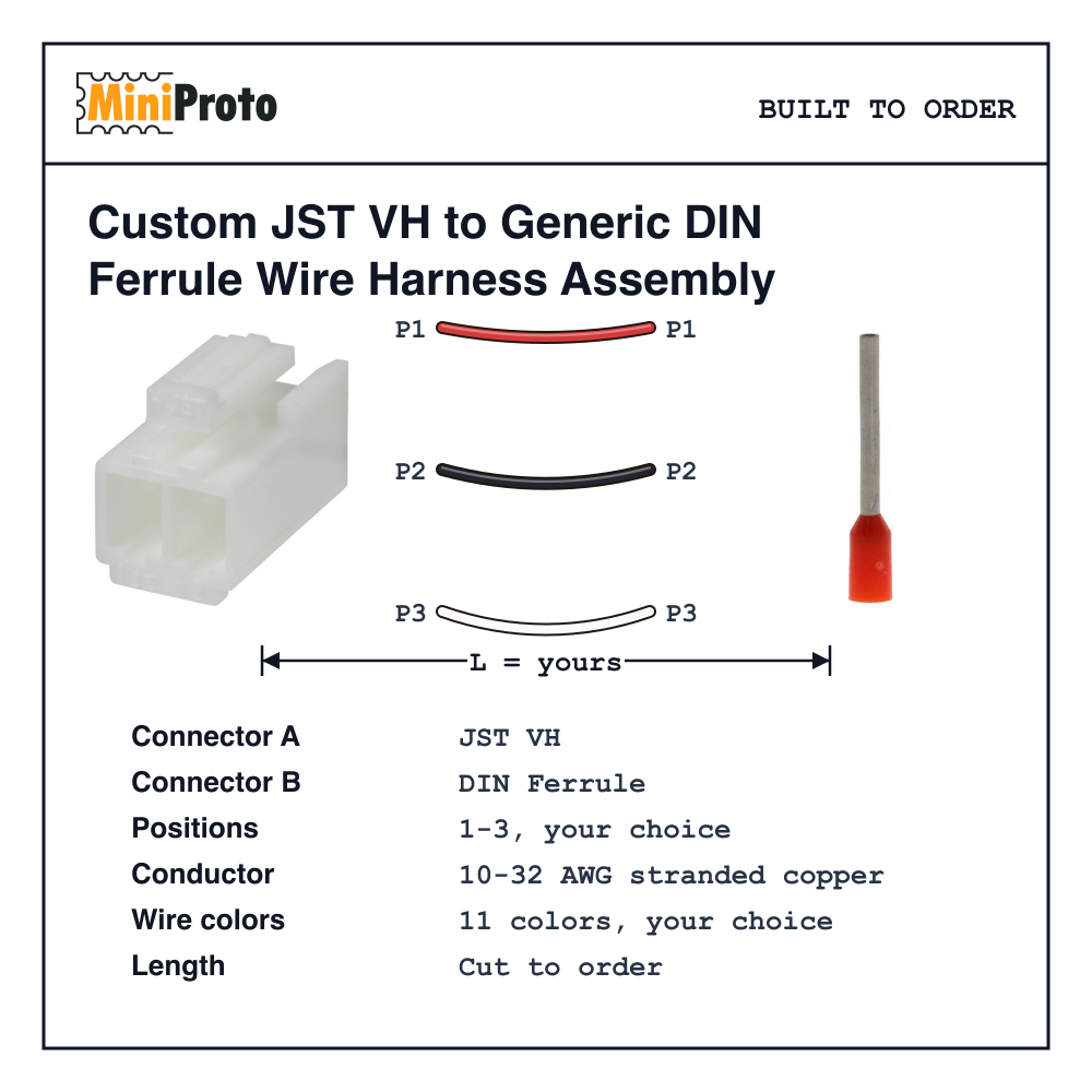 Custom JST VH to Generic DIN Ferrule Wire Harness Assembly