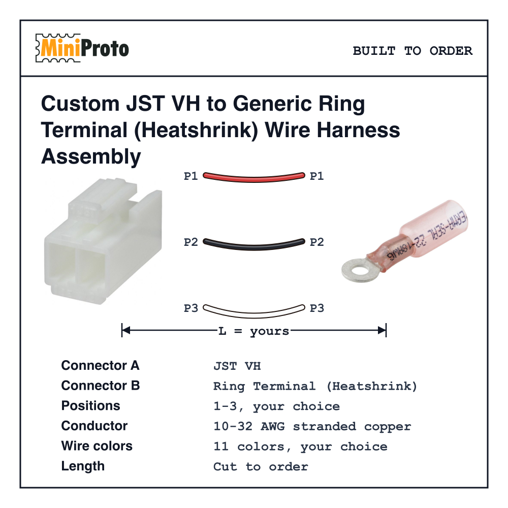 Custom JST VH to Generic Ring Terminal (Heatshrink) Wire Harness Assembly