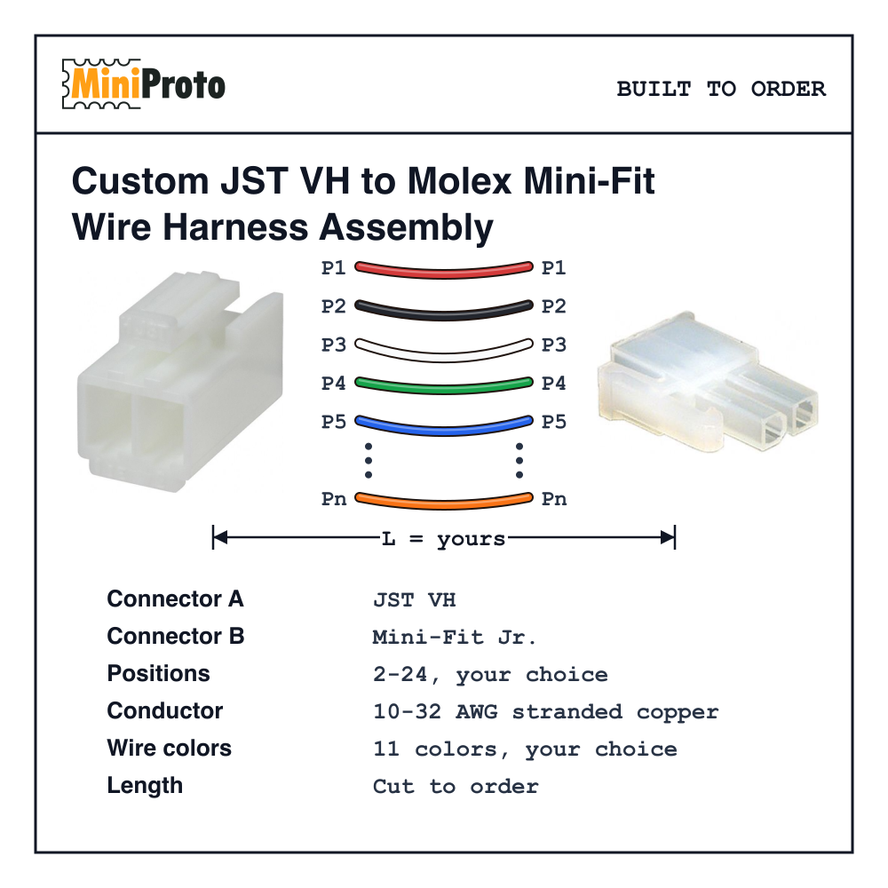 Custom JST VH to Molex Mini-Fit Wire Harness Assembly