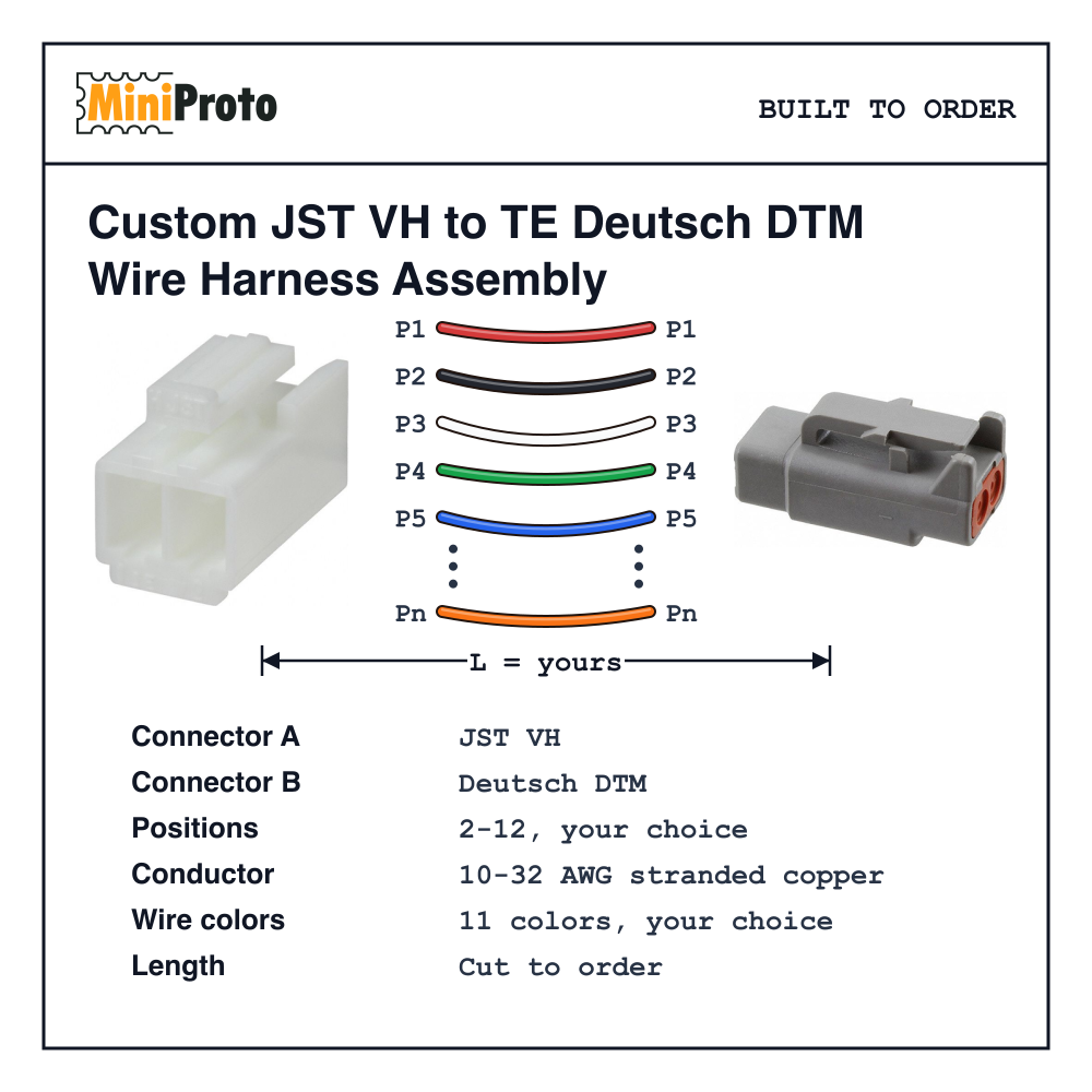 Custom JST VH to TE Deutsch DTM Wire Harness Assembly