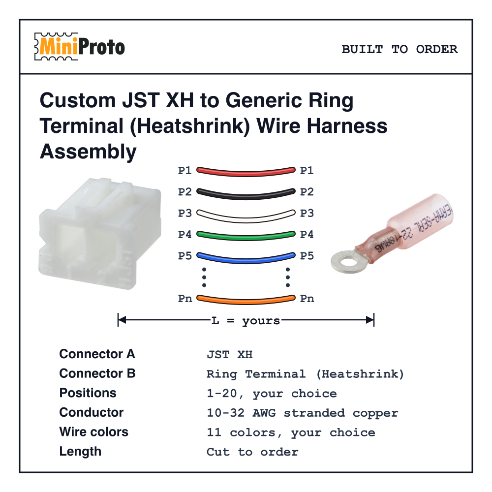 Custom JST XH to Generic Ring Terminal (Heatshrink) Wire Harness Assembly