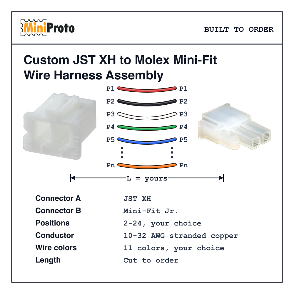 Custom JST XH to Molex Mini-Fit Wire Harness Assembly