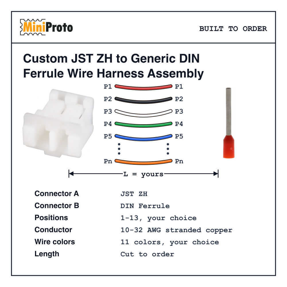 Custom JST ZH to Generic DIN Ferrule Wire Harness Assembly