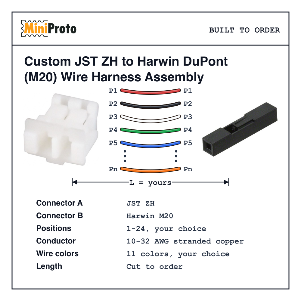 Custom JST ZH to Harwin DuPont (M20) Wire Harness Assembly