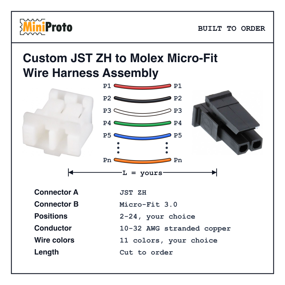Custom JST ZH to Molex Micro-Fit Wire Harness Assembly