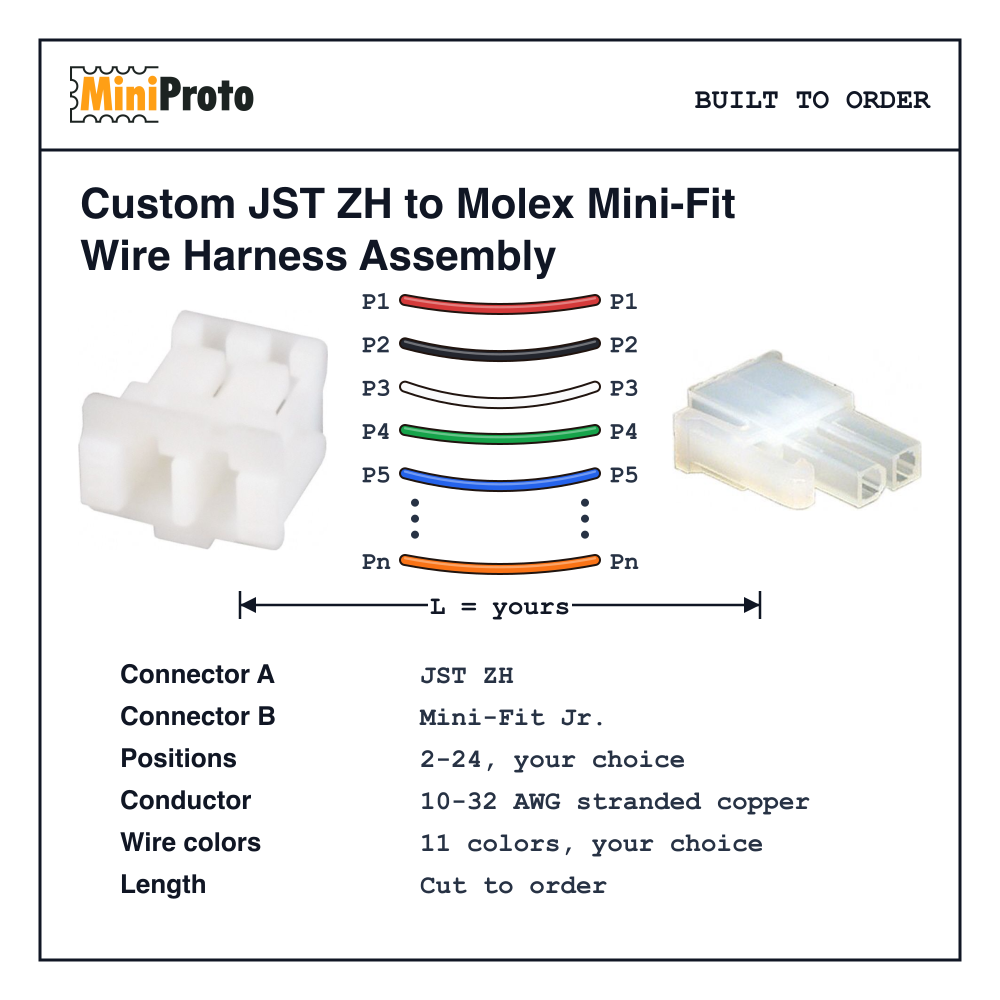 Custom JST ZH to Molex Mini-Fit Wire Harness Assembly