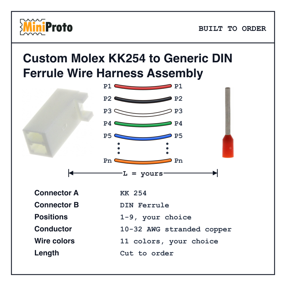 Custom Molex KK254 to Generic DIN Ferrule Wire Harness Assembly