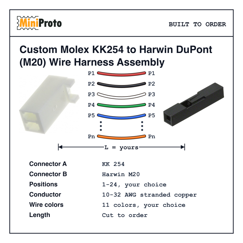 Custom Molex KK254 to Harwin DuPont (M20) Wire Harness Assembly