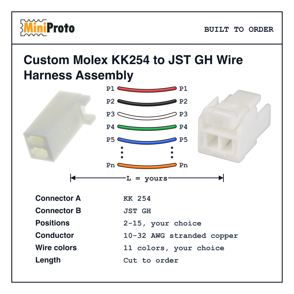 Custom Molex KK254 to JST GH Wire Harness Assembly
