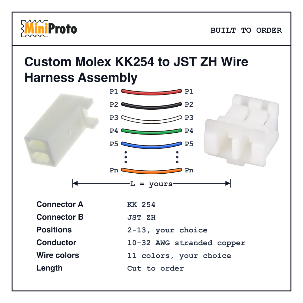 Custom Molex KK254 to JST ZH Wire Harness Assembly