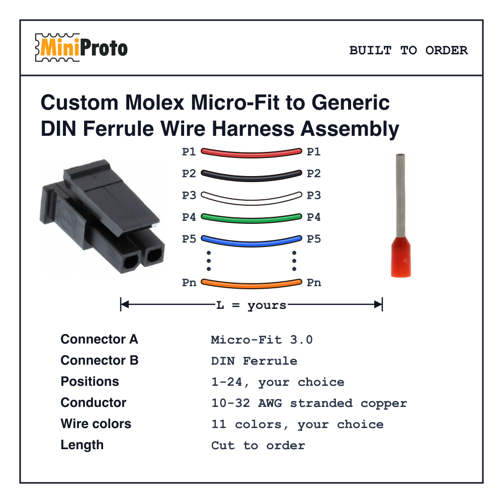 Custom Molex Micro-Fit to Generic DIN Ferrule Wire Harness Assembly