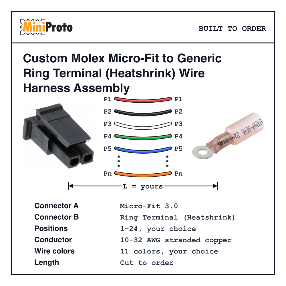 Custom Molex Micro-Fit to Generic Ring Terminal (Heatshrink) Wire Harness Assembly