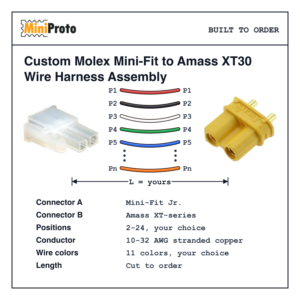 Custom Molex Mini-Fit to Amass XT30 Wire Harness Assembly