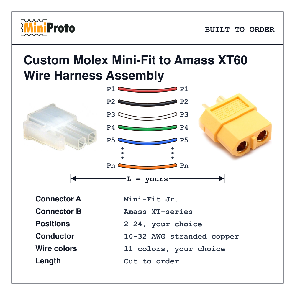 Custom Molex Mini-Fit to Amass XT60 Wire Harness Assembly