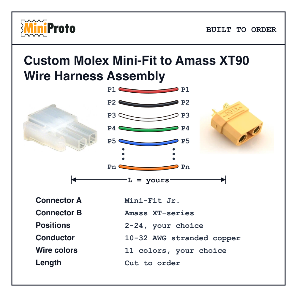 Custom Molex Mini-Fit to Amass XT90 Wire Harness Assembly