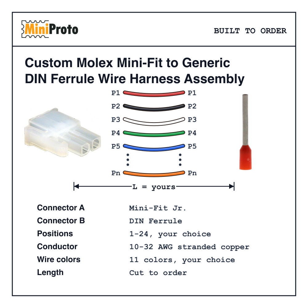 Custom Molex Mini-Fit to Generic DIN Ferrule Wire Harness Assembly
