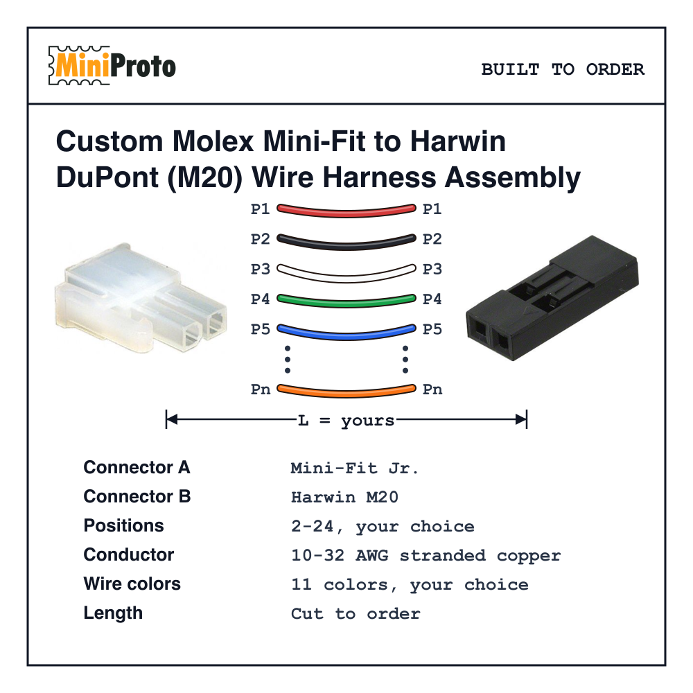 Custom Molex Mini-Fit to Harwin DuPont (M20) Wire Harness Assembly