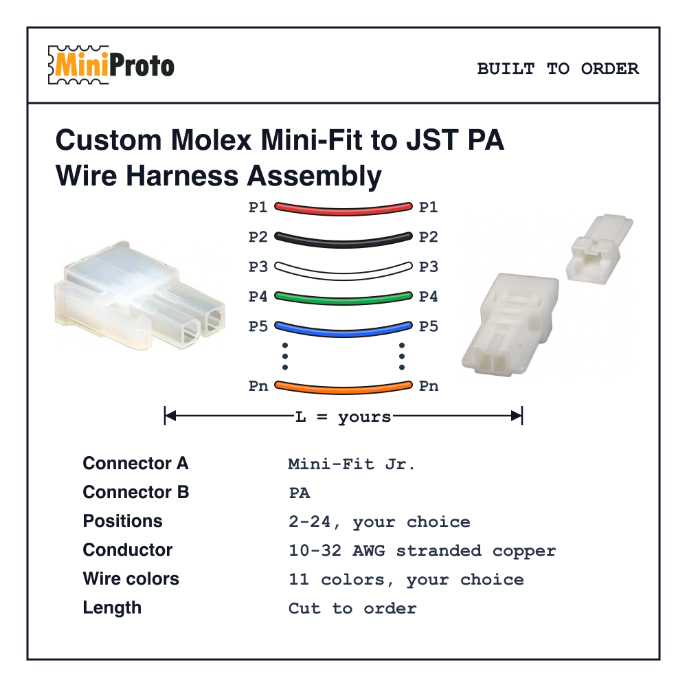 Custom Molex Mini-Fit to JST PA Wire Harness Assembly