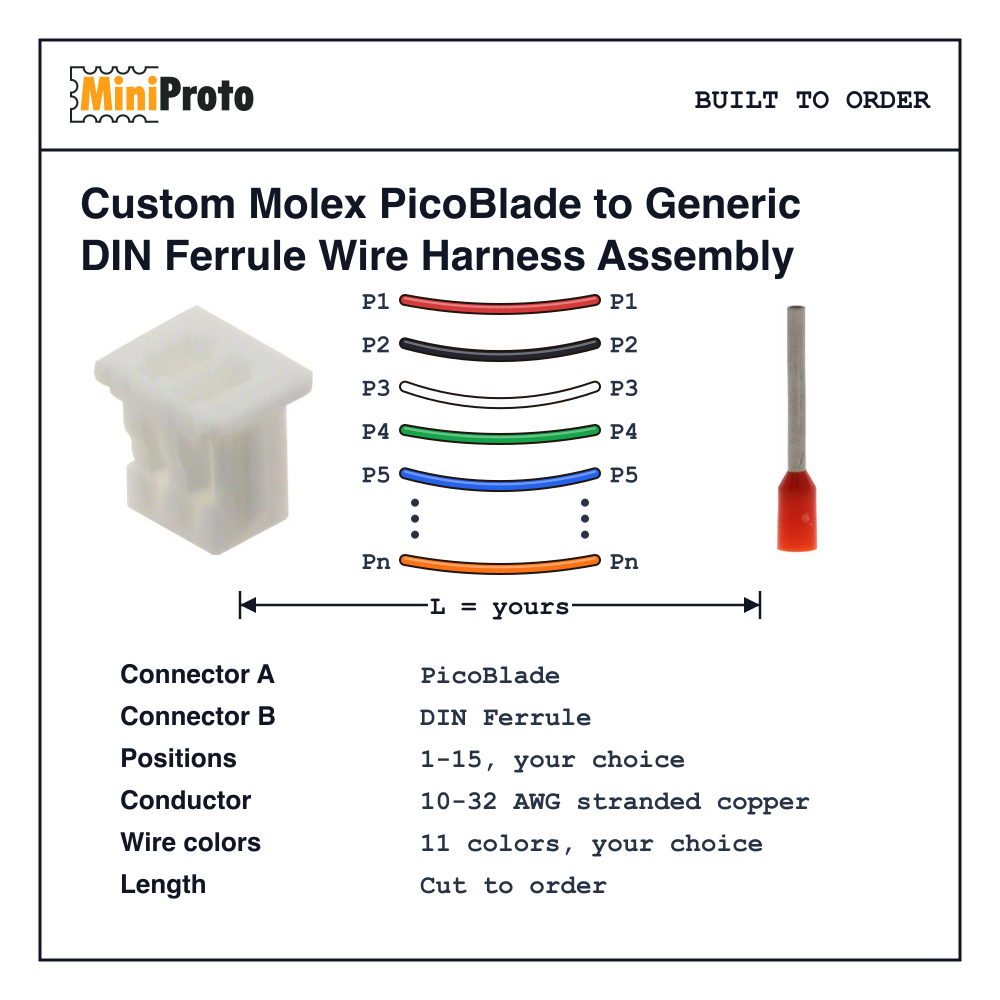 Custom Molex PicoBlade to Generic DIN Ferrule Wire Harness Assembly