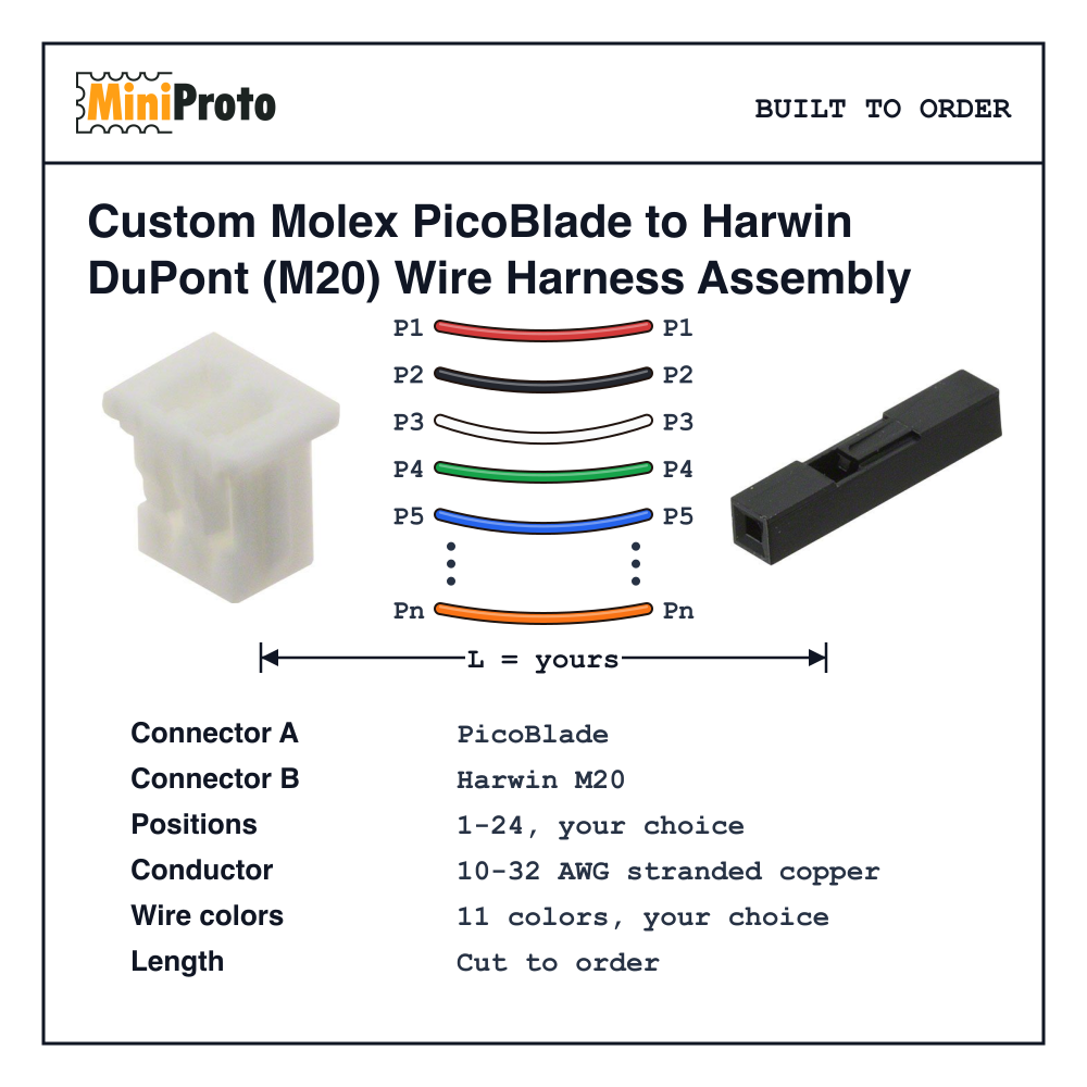 Custom Molex PicoBlade to Harwin DuPont (M20) Wire Harness Assembly