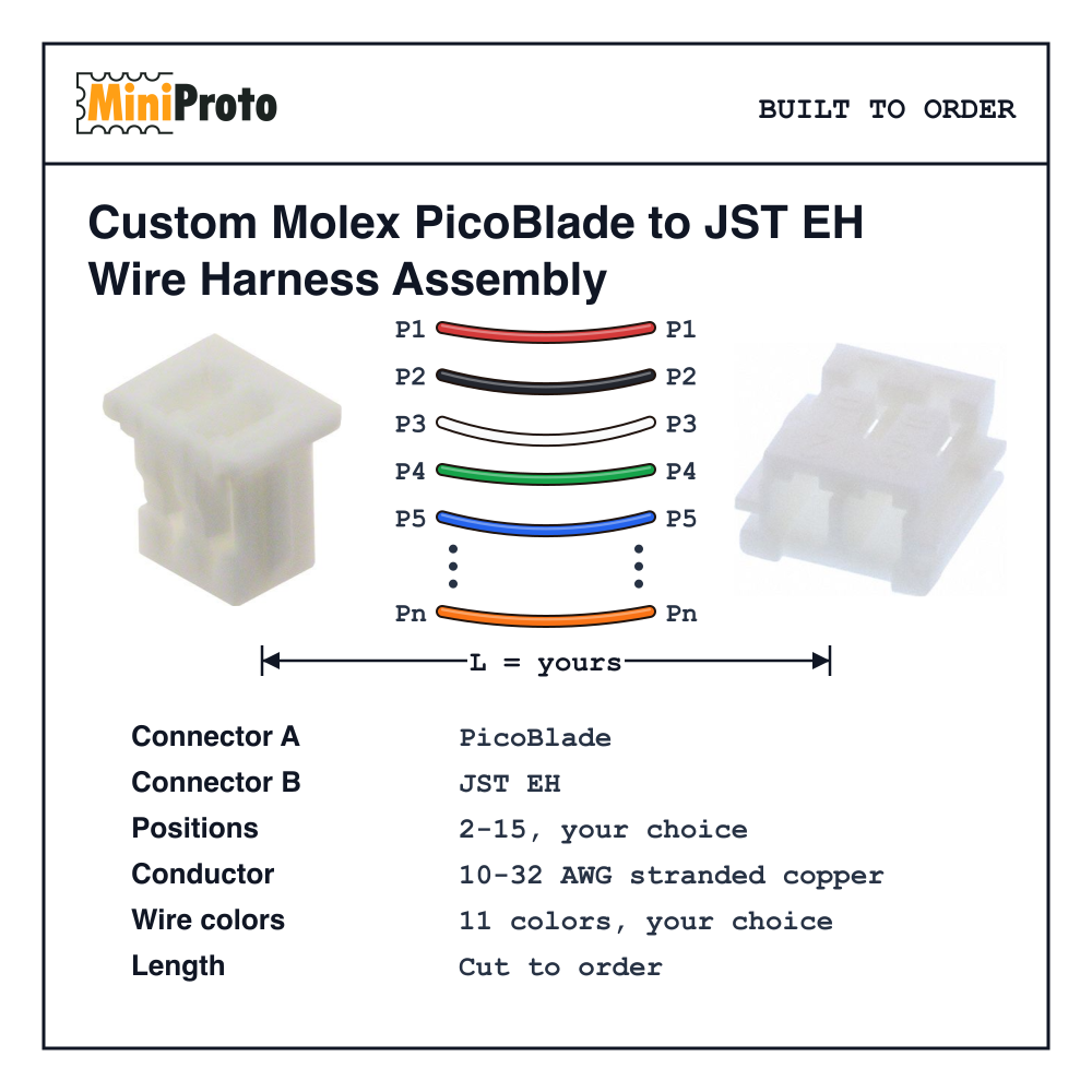 Custom Molex PicoBlade to JST EH Wire Harness Assembly