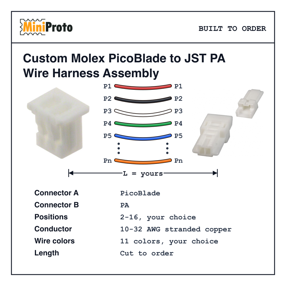 Custom Molex PicoBlade to JST PA Wire Harness Assembly