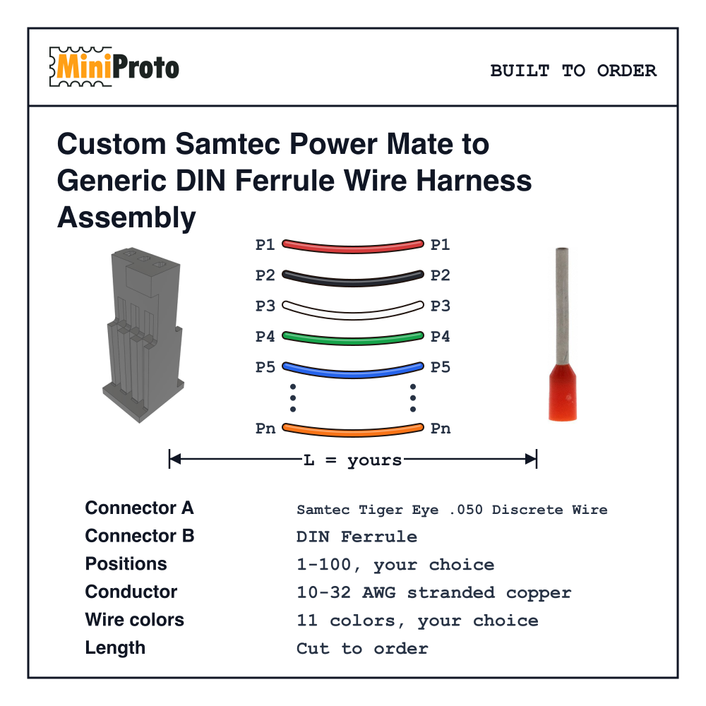 Custom Samtec Power Mate to Generic DIN Ferrule Wire Harness Assembly