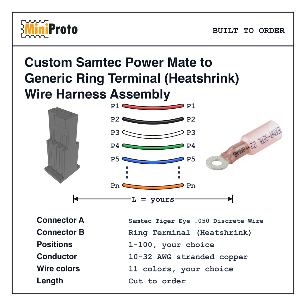 Custom Samtec Power Mate to Generic Ring Terminal (Heatshrink) Wire Harness Assembly