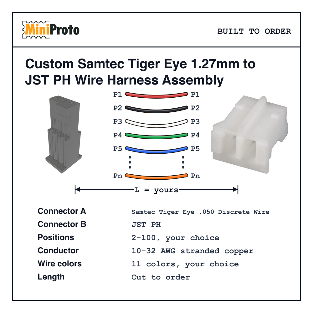 Custom Samtec Tiger Eye 1.27mm to JST PH Wire Harness Assembly