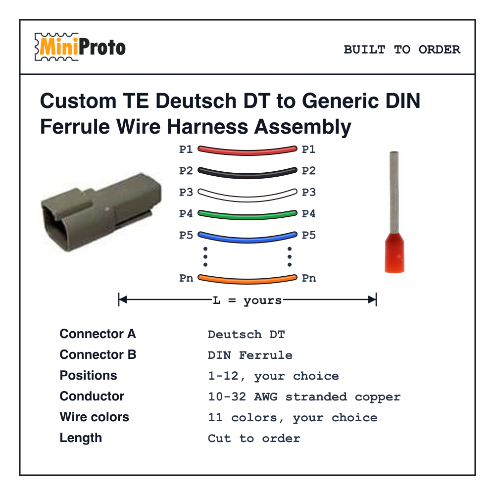Custom TE Deutsch DT to Generic DIN Ferrule Wire Harness Assembly