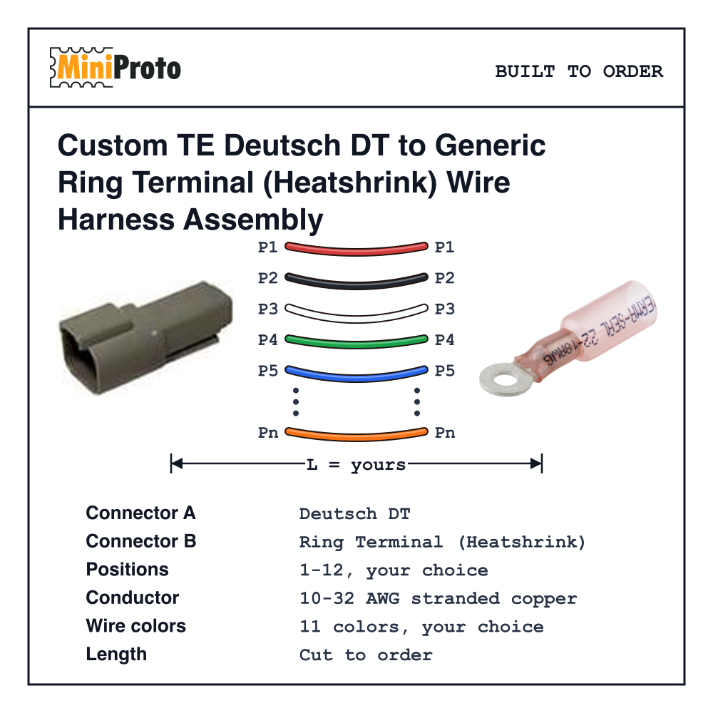 Custom TE Deutsch DT to Generic Ring Terminal (Heatshrink) Wire Harness Assembly
