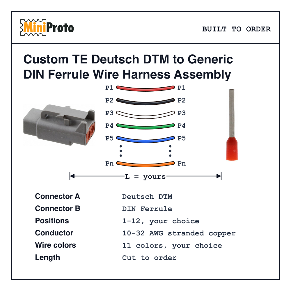Custom TE Deutsch DTM to Generic DIN Ferrule Wire Harness Assembly